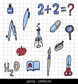 set of school things checkered sheet. glue pen apple brush eraser equation formula pencil case scissors. doodle stock vector illustration Stock Vector