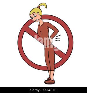 Cartoon young white woman with a sore back in a tracksuit. ban sign. White background isolated stock vector illustration Stock Vector