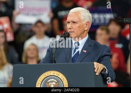 Hershey, PA / USA - December 7, 2019:  US Vice President Mike Pence speaking at a political rally after the US Congress House Leaders announced impeac Stock Photo