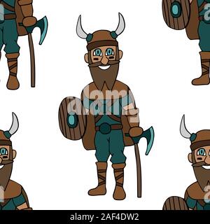 cartoon viking with ax, shield and beard. White background seamless pattern. vector stock illustration Stock Vector