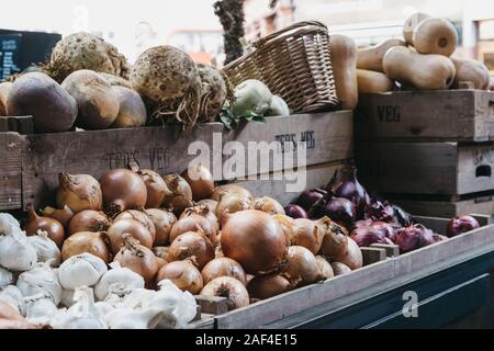 London, UK - November 29, 2019: Fresh vegetables on sale at Teds Veg stall in Borough Market, one of the largest and oldest food markets in London. Stock Photo