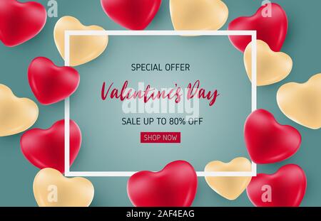 Valentines sale banner template with heart shape balloon. Special offer up to 80% off. Stock Vector