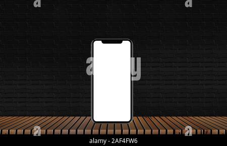 Mobile on a wooden floor with black brick floors and solid wood for interior decoration. Stock Photo