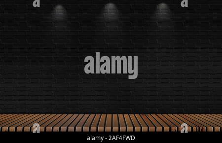 Brown hardwood floor corners and black brick walls for backgrounds for displaying products or placing products Stock Photo