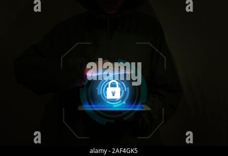 Hand holding IT equipment Information security concept Cyber; security Stock Photo