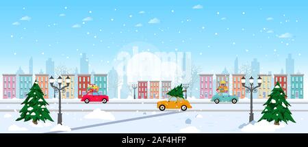 Vector of a new year winter old town street with christmas trees and passing by cars with gifts on a cityscape background. Stock Vector