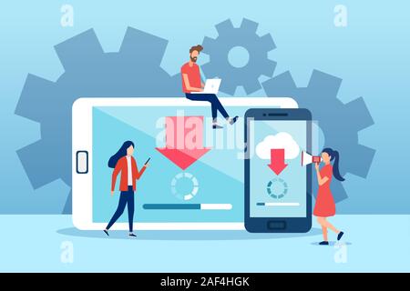 Vector of young people making system software updates on mobile gadgets Stock Vector