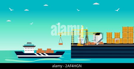 Vector of a cargo ship loading in a city port with cranes on dockside and containers from freight vessel. Stock Vector