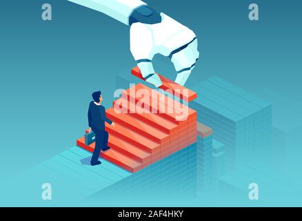 Vector of a robot hand stacking blocks as a stair to assist businessman career growth and success Stock Vector