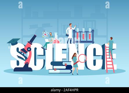 Vector of a science team doctors and students working with microscope conducting an experiment in a laboratory Stock Vector