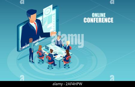 Vector of business people meeting in a office having conference call with a presenter. Online seminar, internet learning concept Stock Vector