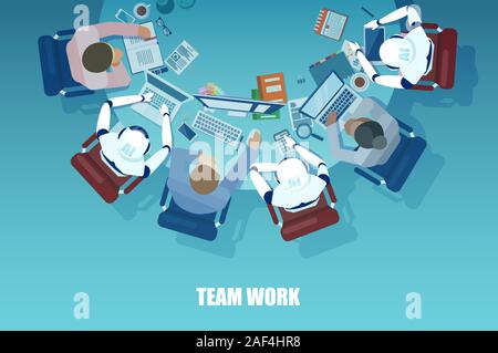 Vector of businessmen brainstorming business plan idea with robots, sitting at the table Stock Vector