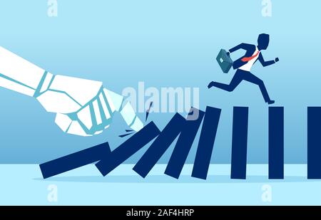 Vector of a robot hand pushing dominoes while businessman runing away from falling effect. Human vs AI concept Stock Vector