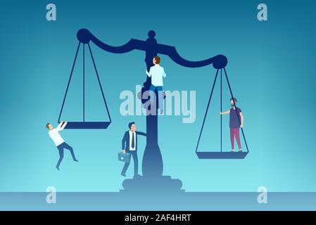 Law influence concept. Vector of a group of competing people climbing up the justice scales Stock Vector