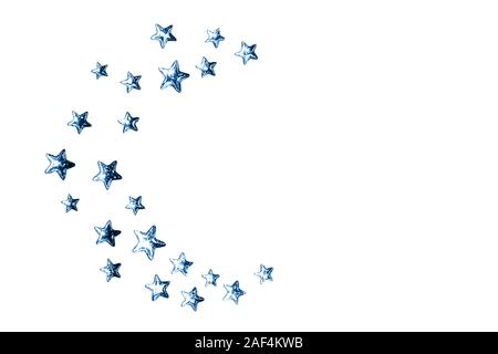 Beautiful Crescent concept made of shining blue stars with embossed transparent top on isolated white background. Mockup for your design. Color of the Stock Photo