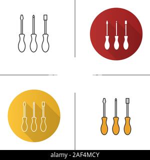 Set of screwdrivers icon. Flat design, linear and color styles. Turn-screws. Isolated vector illustrations Stock Vector