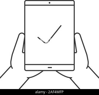 Hands holding tablet computer linear icon. Checked, approved. Thin line illustration. Tablet computer with check mark. Contour symbol. Vector isolated Stock Vector