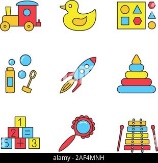 Kids toys color icons set. Train, rubber duck, shape sorter toy, bubble blower, rocket, pyramid, math blocks, rattle, xylophone. Isolated vector illus Stock Vector