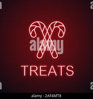 Candy canes neon light icon. Christmas treats glowing sign. Vector isolated illustration Stock Vector