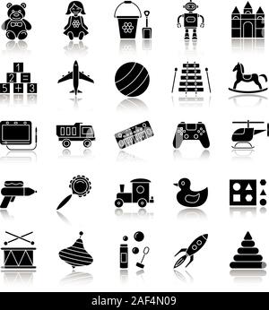 Kids toys drop shadow black glyph icons set. Educational games. Children entertainment. Isolated vector illustrations Stock Vector