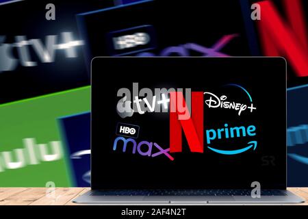 Computer screen with the Netflix logo, Prime Video, HBO and Disney plus, Amazon Prime All are online services to view audiovisual content.
