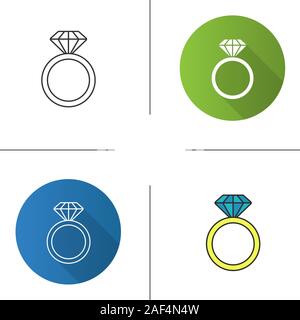 Ring with diamond icon. Flat design, linear and color styles. Wedding ring. Isolated vector illustrations Stock Vector