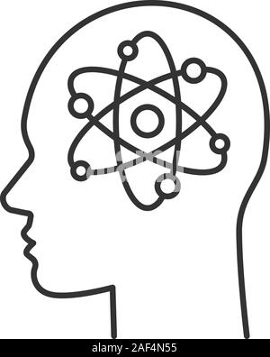 Human head with atom inside linear icon. Genius. Thin line illustration. Scientific thoughts. Contour symbol. Vector isolated outline drawing Stock Vector