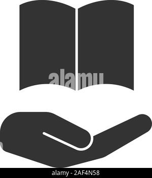 Open hand with book glyph icon. Library. Silhouette symbol. Free e-books. Negative space. Vector isolated illustration Stock Vector