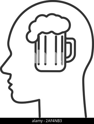 Human head with beer mug inside linear icon. Alcoholism. Thin line illustration. Alcohol on mind. Bad habit. Contour symbol. Vector isolated outline d Stock Vector