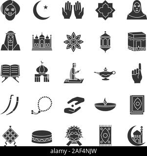 Islamic culture glyph icons set. Silhouette symbols. Muslim attributes. Religion symbolism. Vector isolated illustration Stock Vector