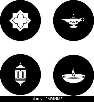 Islamic culture glyph icons set. Muslim star, lantern, oil lamps. Vector white silhouettes illustrations in black circles Stock Vector