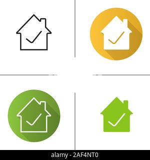 Checked, approved house icon. Flat design, linear and glyph color styles. Building with check mark inside. Isolated vector illustrations Stock Vector