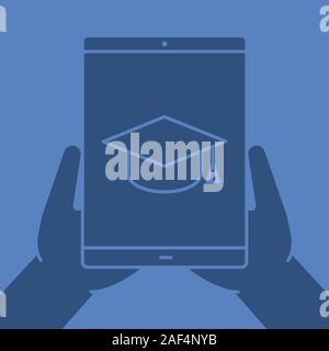 Hands holding tablet computer glyph color icon. Educational application. Silhouette symbol. Tablet computer with graduation cap. Negative space. Vecto Stock Vector