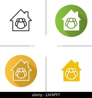 Shared ownership icon. Flat design, linear and glyph color styles. House with group of people inside. Isolated vector illustrations Stock Vector