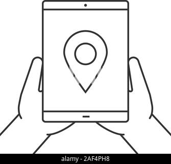 Hands holding tablet computer linear icon. Gps navigation. Thin line illustration. Tablet computer with map pinpoint. Contour symbol. Vector isolated Stock Vector