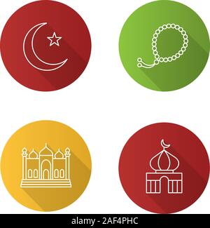 Islamic culture flat design long shadow glyph icon. Crescent moon and star, mosques, misbaha. Vector silhouette illustration Stock Vector