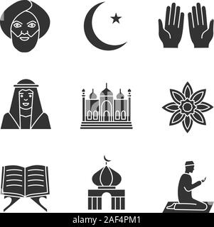Islamic culture glyph icons set. Muslim man, ramadan moon, islamic prayer, mosque, quran book, muslim star. Silhouette symbols. Vector isolated illust Stock Vector