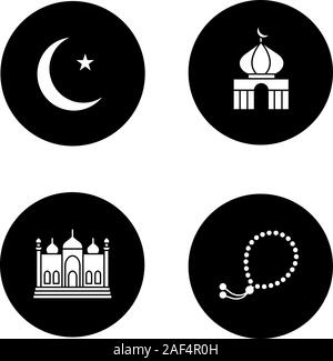 Islamic culture glyph icons set. Crescent moon and star, mosques, misbaha. Vector white silhouettes illustrations in black circles Stock Vector