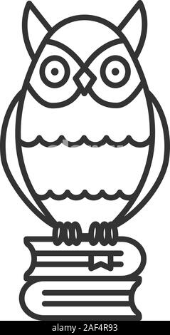 Owl on books stack linear icon. Education. Thin line illustration. Emblem of wisdom and knowledge. Contour symbol. Vector isolated outline drawing Stock Vector