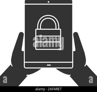 Hands holding tablet computer glyph icon. Password. Silhouette symbol. Tablet computer with closed padlock. Negative space. Vector isolated illustrati Stock Vector