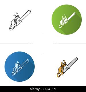 Chainsaw icon. Flat design, linear and color styles. Petrol-driven power chainsaw. Isolated vector illustrations Stock Vector