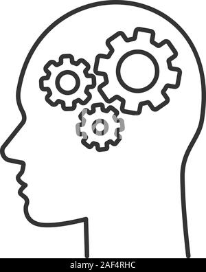 Human head with cogwheels inside linear icon. Artificial intelligence. Technology progress. Thin line illustration. Robot. Contour symbol. Vector isol Stock Vector