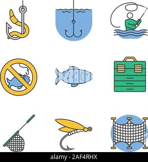 Fishing color icons set. No fishing sign, tackle box, landing nets, fly  fishing, fish, live bait, fishhook. Isolated vector illustrations Stock  Vector Image & Art - Alamy