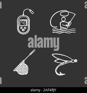 Fishing chalk icons set. Fly fishing, echo sounder, landing net, insect lure. Isolated vector chalkboard illustrations Stock Vector