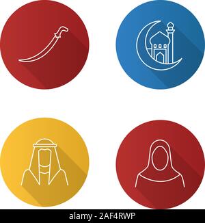 Islamic culture flat design long shadow glyph icon. Scimitar sword, mosque and ramadan moon, muslim woman and man. Vector silhouette illustration Stock Vector