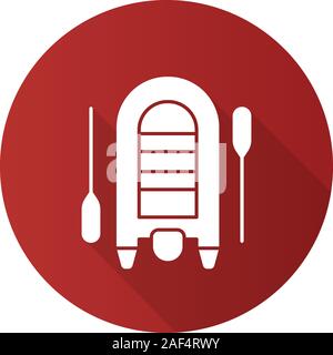 Rubber motor boat flat design long shadow glyph icon. Dinghy with paddles. Vector silhouette illustration Stock Vector