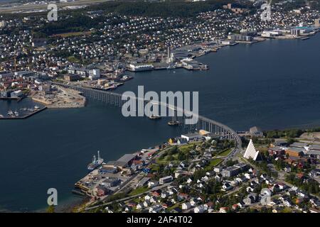 TROMSØ, NORWAY - Aerial view of city of Tromsø, on island of Tromsøya. Stock Photo