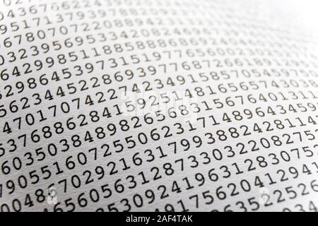 Background with black printed random monospace numbers on curved white paper for use as a template for a financial report. Stock Photo