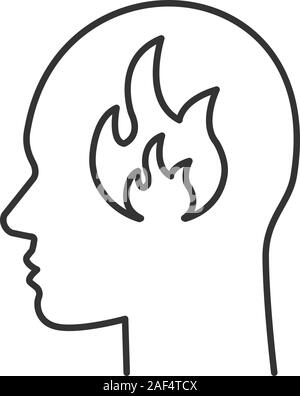 Human head with flame inside linear icon. Burning thoughts. Thin line illustration. Headache. Contour symbol. Vector isolated outline drawing Stock Vector