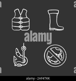 Fishing chalk icons set. Life jacket, bait, rubber boot, no fishing sign. Isolated vector chalkboard illustrations Stock Vector